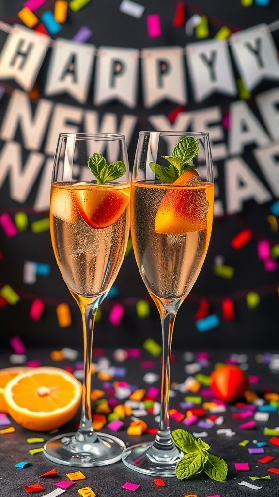 Elegant flutes of sparkling wine garnished with fruit for a New Year